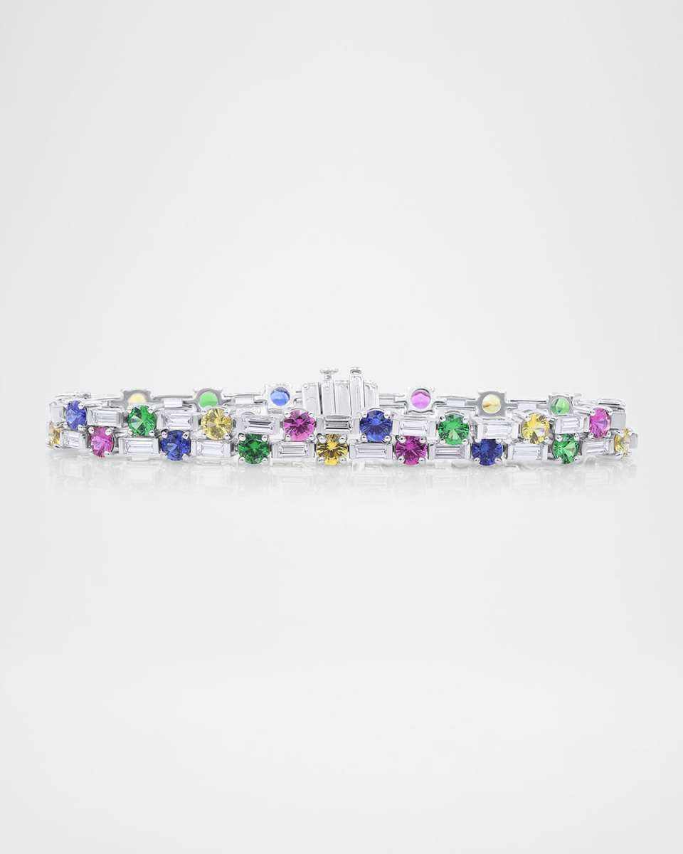 Platinum Diamond Tennis Bracelet with Multicolored Sapphires and Green Tsavorite